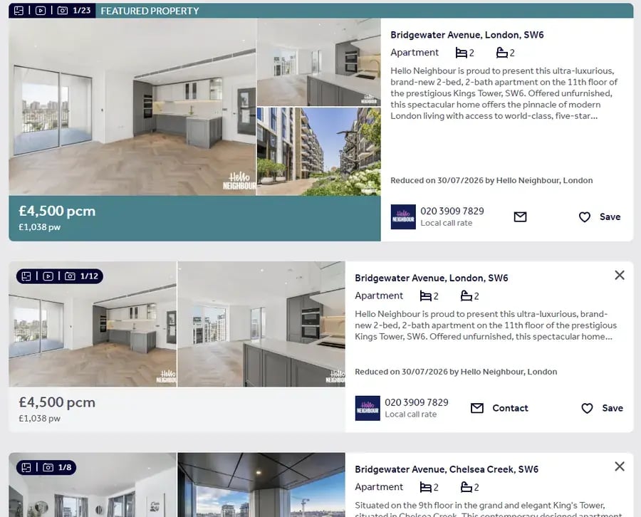 A Rightmove search results page showing a Featured Property at the top as a larger advert with a blue banner, alongside standard listings below