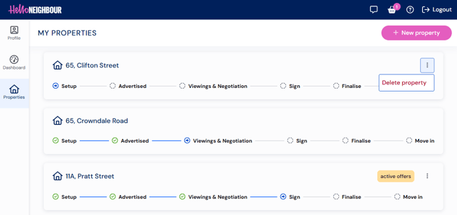Delete property option in the three-dot menu