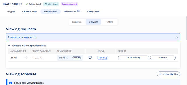 Requests without specified times table on the viewings tab