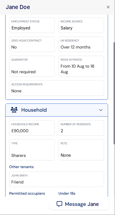 Tenant summary profile and household details for an applicant