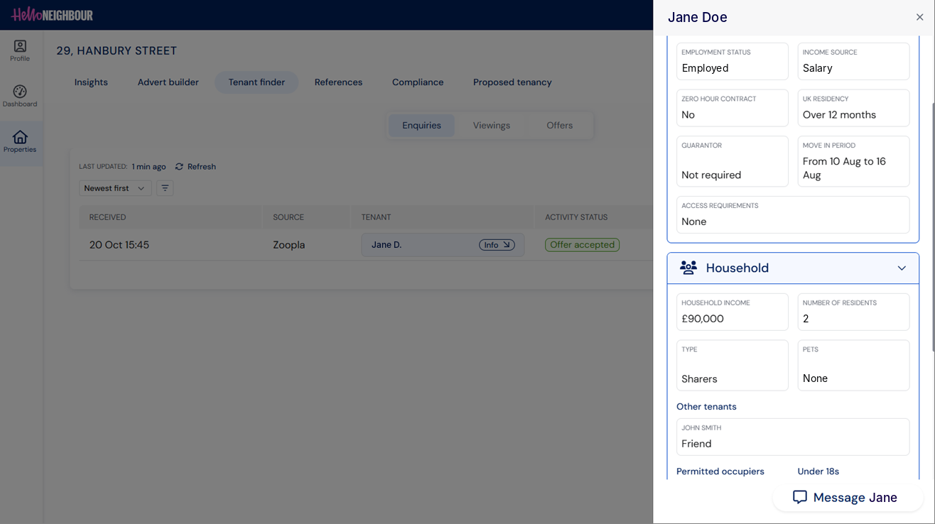 Tenant summary opened from the enquiries page using the info button